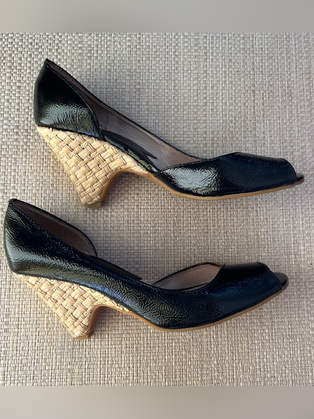 Michael Kors Black Patent Leather Woven Heel Open Toe Pumps